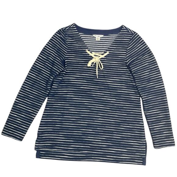 Tommy Bahama Women’s Tunic Sweater Lace up Navy Ivory Stripe Size Small EUC - Picture 1 of 6